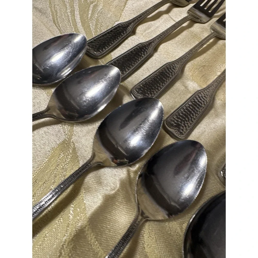Vintage Orleans Silver ORL32 Stainless Flatware Hammered Handle Japan 15pc MCM